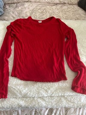 Garage Red Ribbed Long Sleeve Lettuce Hem Tee